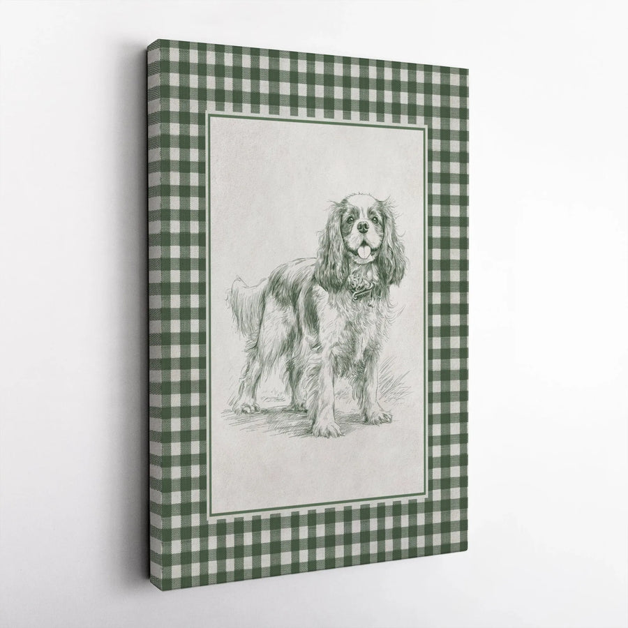 Cavalier King Charles Spaniel Canvas Print | Vintage Dog Sketch with Green Gingham Border | Premium Gallery Wrapped Art | Farmhouse Decor Gift for Dog Lover