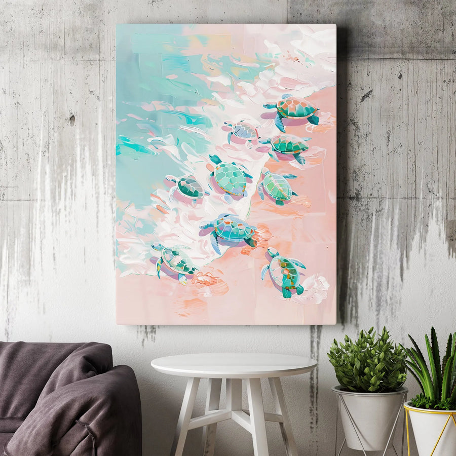 Baby Sea Turtle Wall Art | Abstract Pastel Ocean Beach Painting | Premium Gallery-Wrapped Canvas | Coastal Decor Nursery Gift