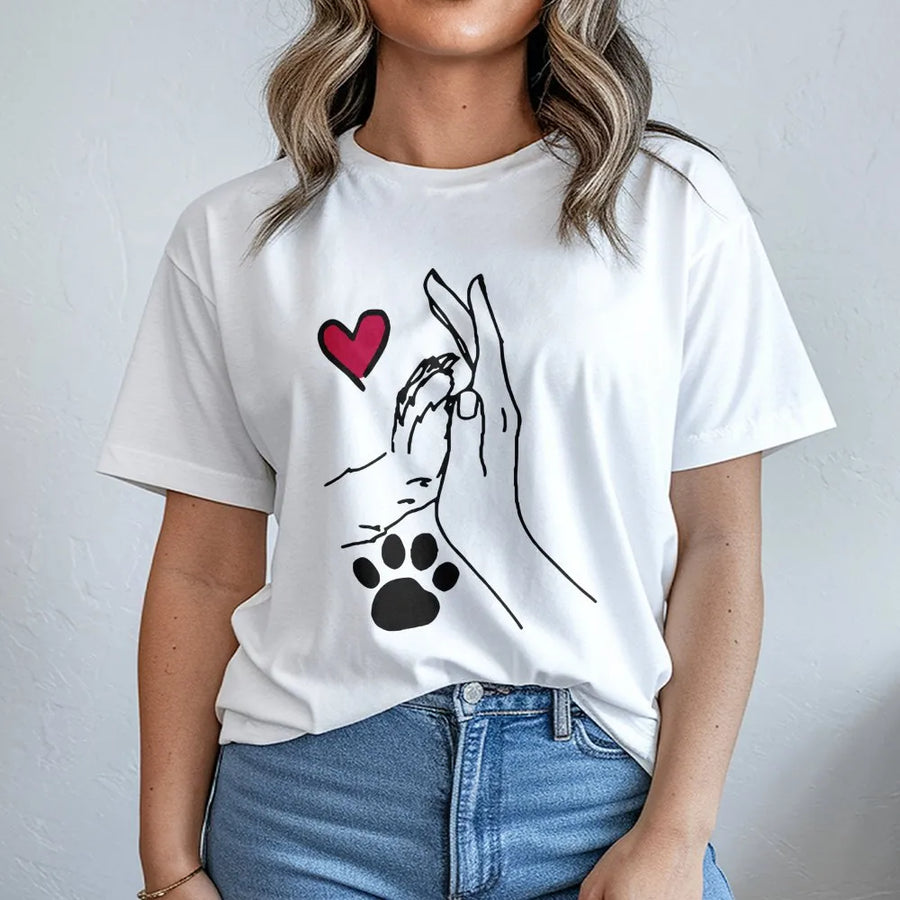 Dog Paw High Five T-Shirt | Heart Line Art Graphic Tee | 100% Cotton Premium Quality | Cute Dog Mom Gift For Pet Lovers