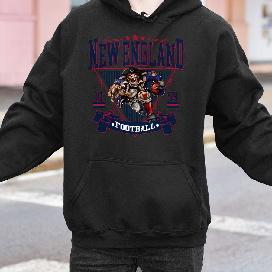 New England 1959 Football With Aggressive Patriot Mascot Hoodie
