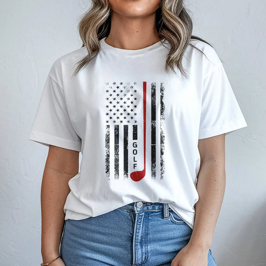 American Flag Golf T-Shirt | Distressed US Stars and Stripes Club Graphic | Premium Cotton Unisex Tee | Funny Golf Gift for Men and Women