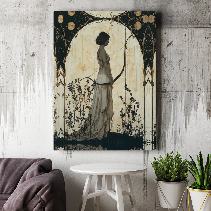 Art Nouveau Goddess Canvas Print | Vintage Archer Woman Illustration | Thick Gallery Wrap Canvas | Living Room Mythology Decor Gift