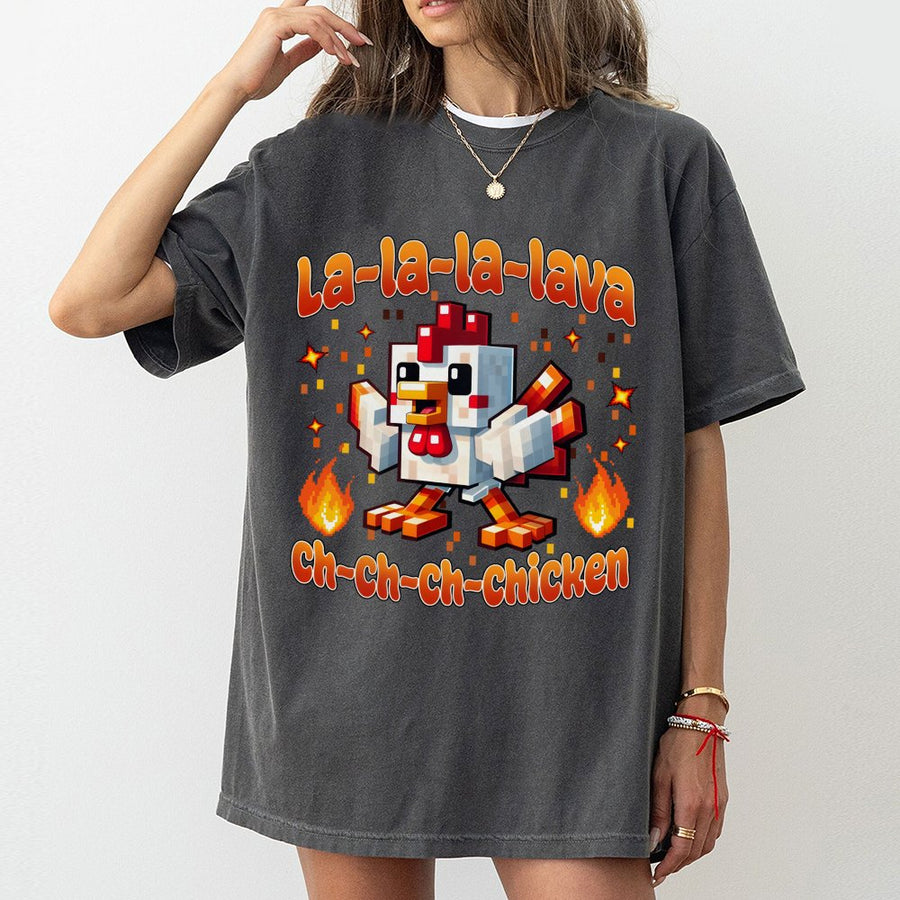Lava Chicken Graphic T-Shirt | Funny Pixel Art Gaming Design | Premium Soft Cotton Tee | Gamer Gift for Kids Boys and Girls