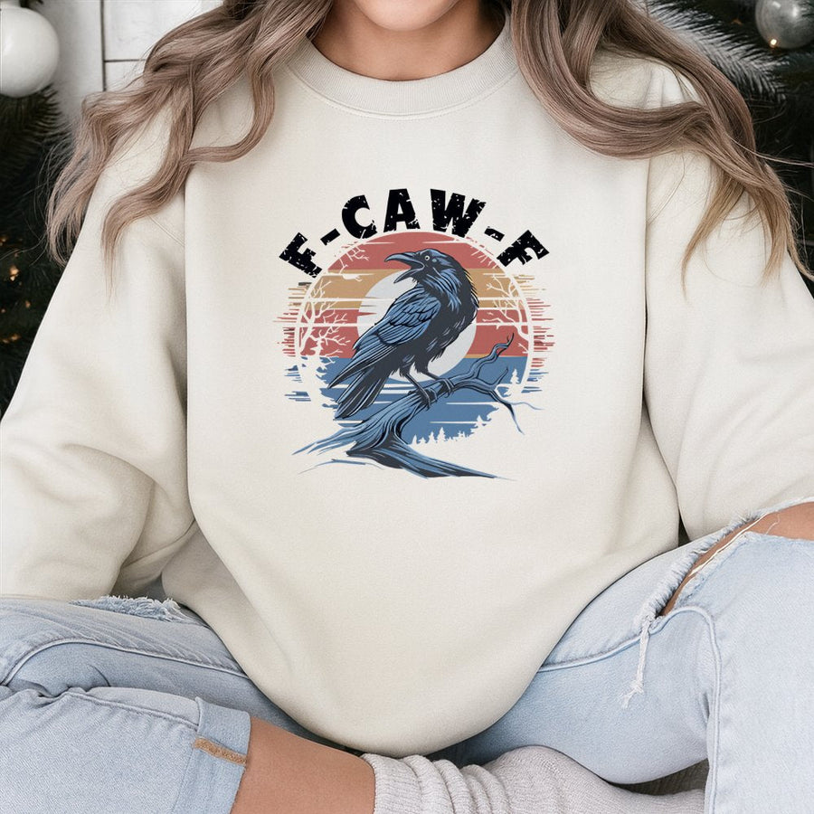 F-Caw-F Crow Sweatshirt | Vintage Retro Bird Graphic Design | Premium Cotton Blend Crewneck | Funny Animal Lover Gift For Men And Women