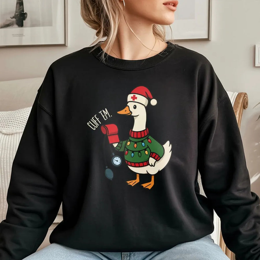 Nurse Christmas Sweatshirt | Funny Goose Cuff Em Graphic Print | Premium Cotton Blend Crewneck | Gift for Nurses & Healthcare Workers