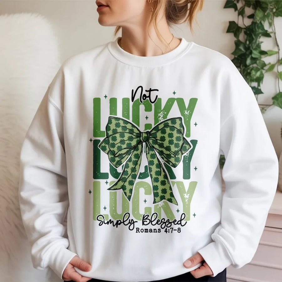 Not Lucky Simply Blessed Sweatshirt | Retro Coquette Clover Bow Design | Premium Cotton Blend Crewneck | Christian St Patrick's Day Gift For Her