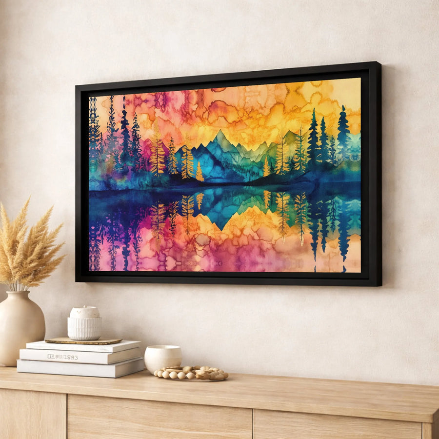 Colorful Mountain Forest Canvas Wall Art | Watercolor Lake Reflection Landscape | Premium Fade-Resistant Print | Modern Gallery Decor Gift