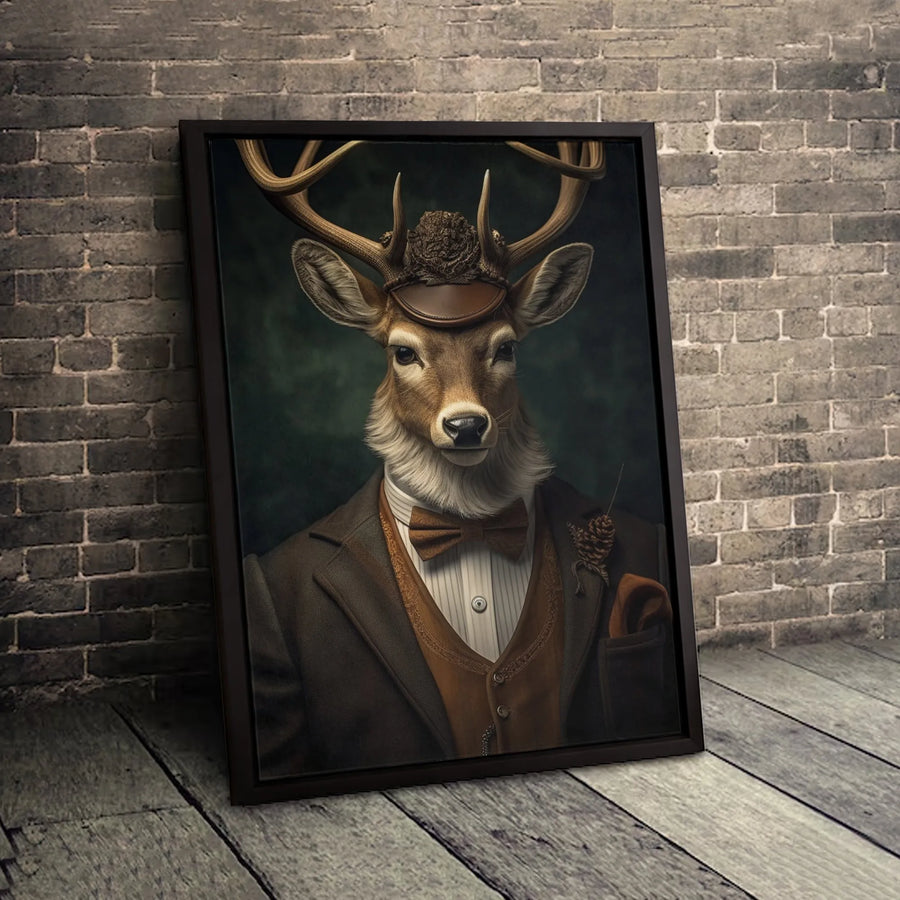 Gentleman Deer Canvas Print | Dapper Stag Portrait in Vintage Suit | Premium Gallery Wrapped Wall Art | Office and Home Decor Gift