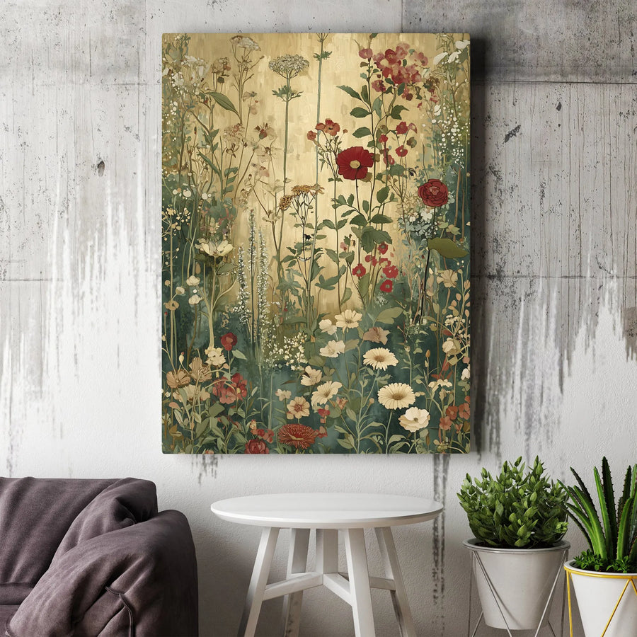 Vintage Botanical Wildflower Canvas Print | Gold Meadow Floral Art | Gallery-Wrapped Premium Wall Decor | Nature Inspired Gift for Home