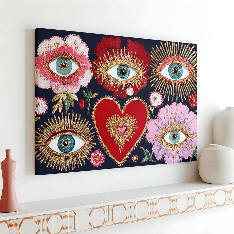Bohemian Evil Eye Wall Art | Sacred Heart Floral Canvas Print | Premium Gallery Wrap Decor | Spiritual Home Office Gift