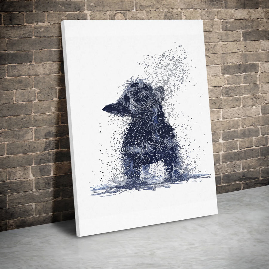 Schnauzer Dog Vertical Canvas | Shaking Wet Dog Watercolor Art | Premium 1.25" Thick Gallery Wrap | Wall Art Gift for Dog Lover