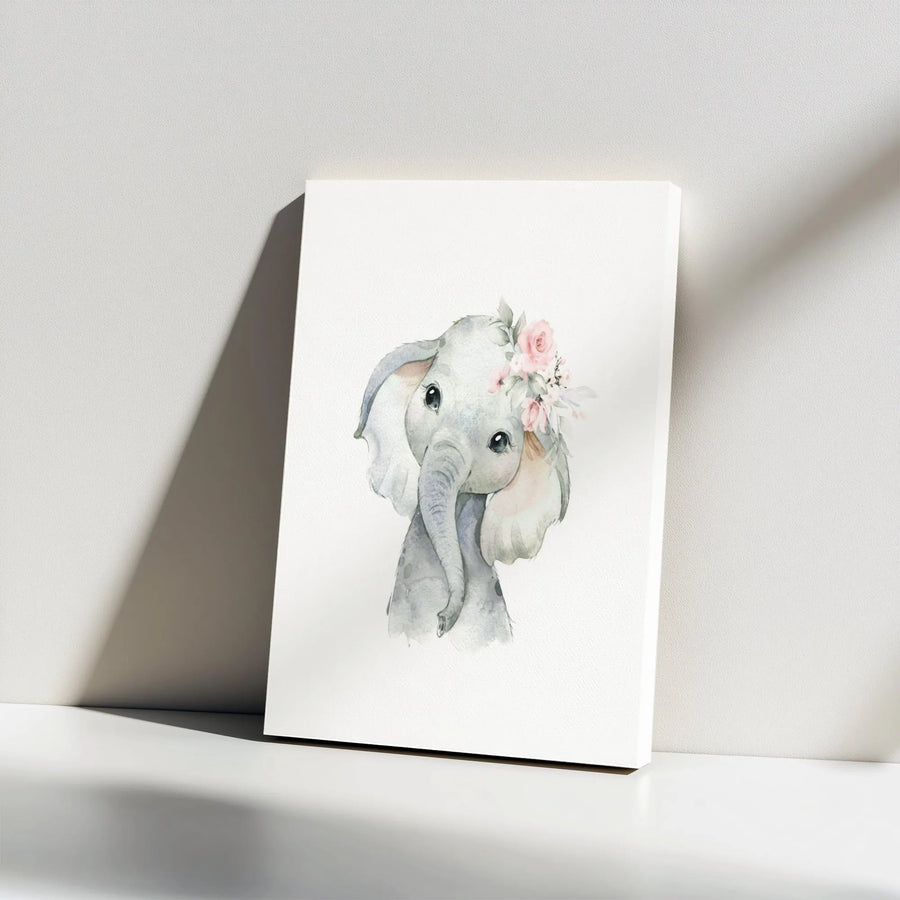 Baby Elephant Canvas Wall Art | Watercolor Floral Crown Nursery Decor | Premium Gallery Wrap | Cute Animal Print Gift for Baby Shower or Nursery