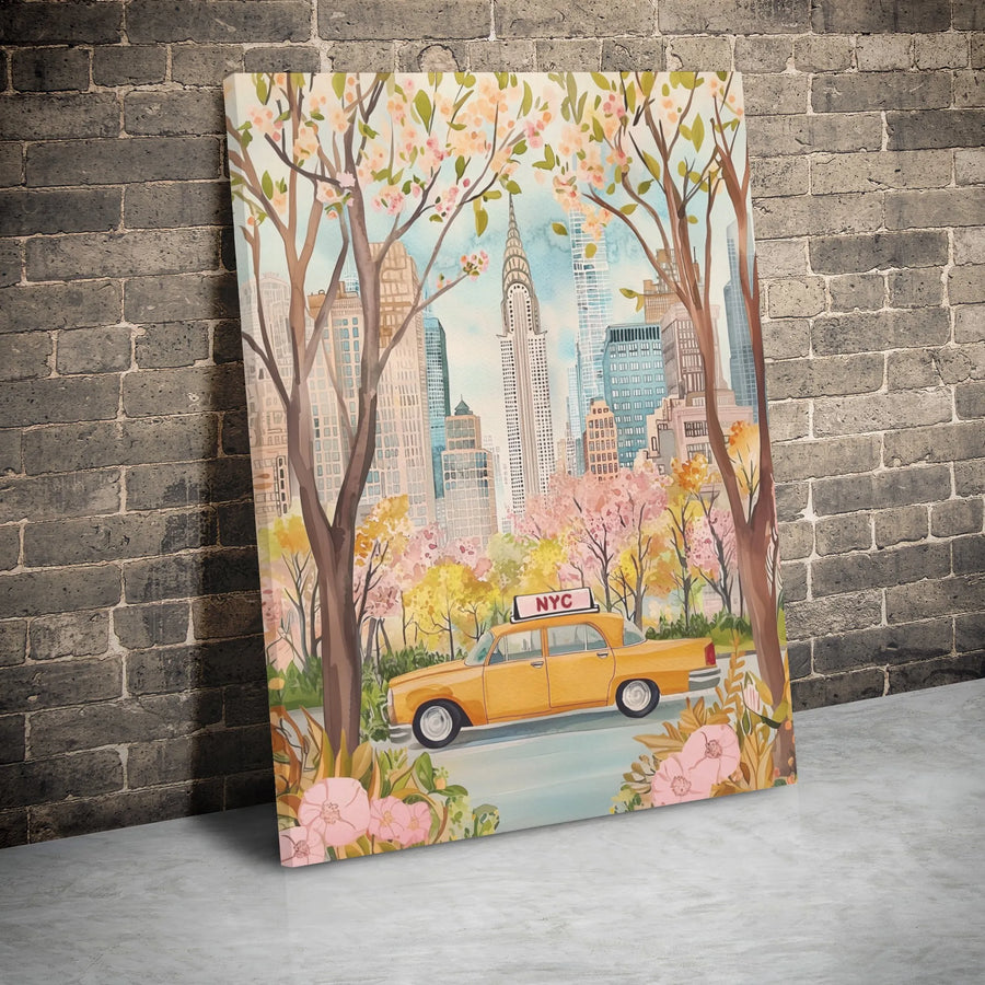 NYC Canvas Wall Art | Watercolor Yellow Taxi & Cherry Blossoms | Premium Gallery Wrap Print | Romantic New York City Home Decor Gift