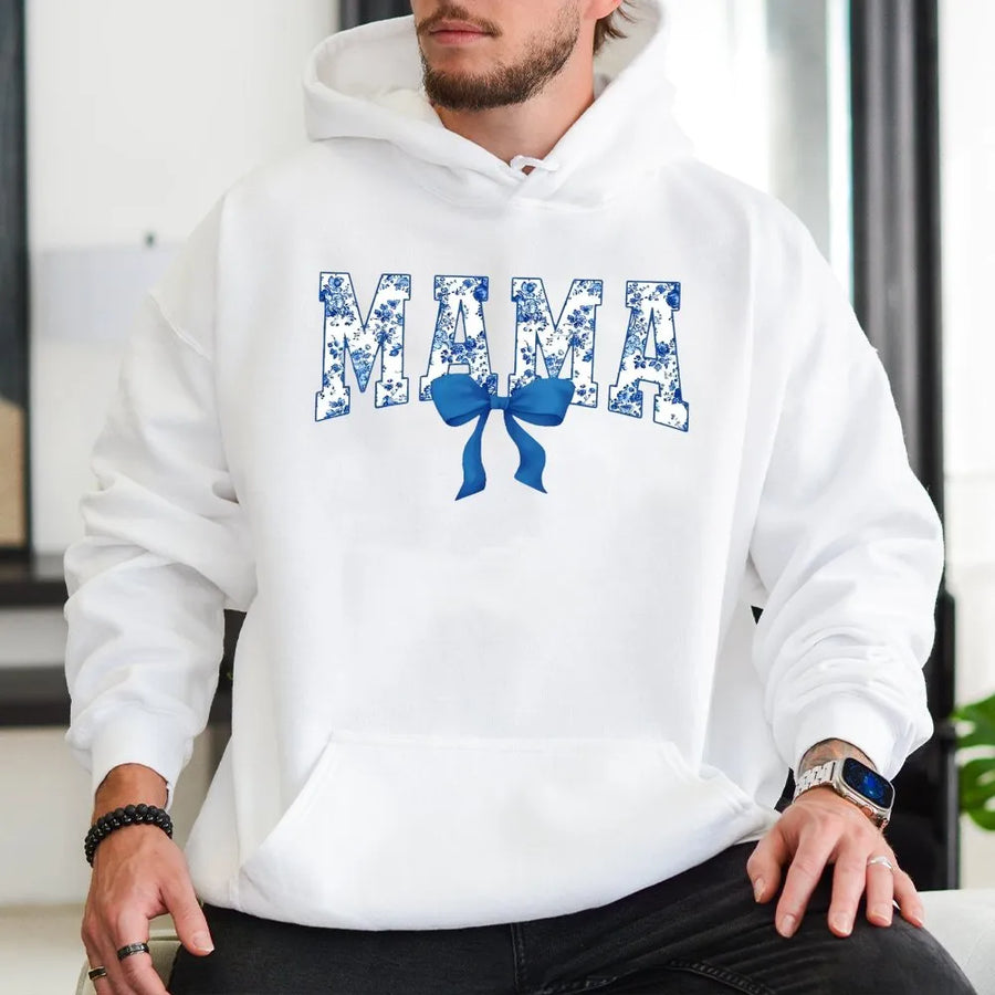 Mama Hoodie with Blue Floral Bow | Trendy Coquette Aesthetic Graphic | Premium Cotton Blend Comfort | Perfect Mother's Day 2026 Gift for Mom