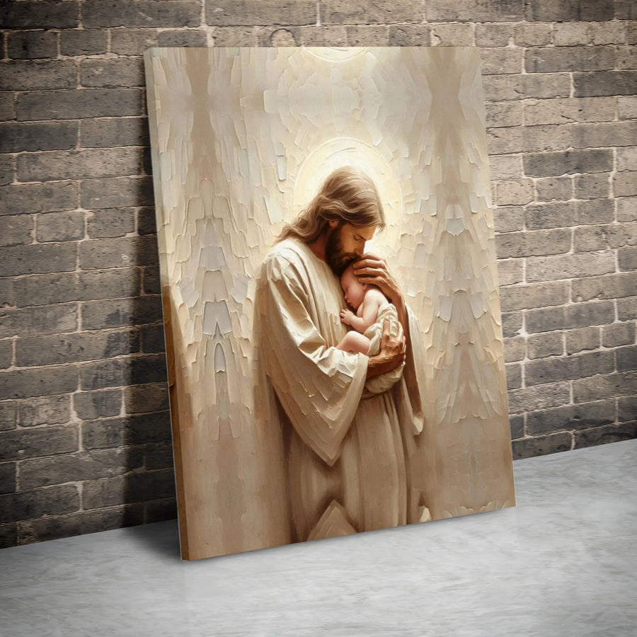 Jesus Holding Baby Canvas Wall Art | Tender Religious Portrait | Premium 1.25-Inch Gallery Wrap | Spiritual Home Decor Gift for Nursery or Church
