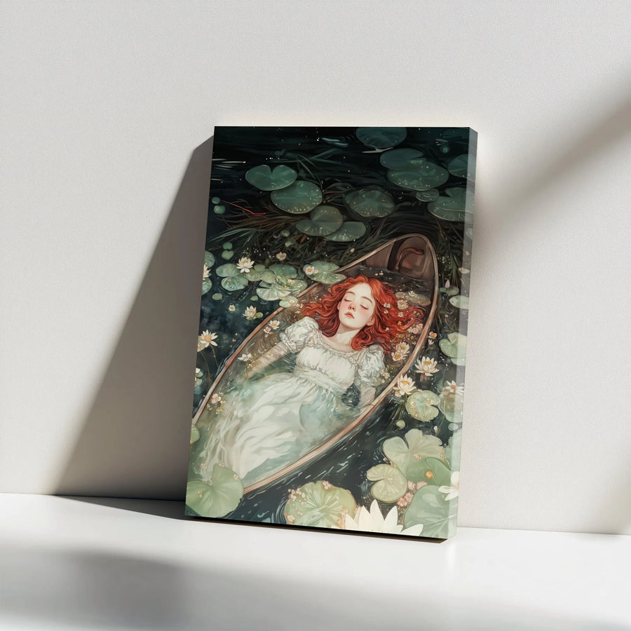Ophelia Inspired Canvas Wall Art | Red Haired Woman in Boat with Water Lilies | Premium 1.25" Gallery Wrap | Ethereal Botanical Home Decor Gift