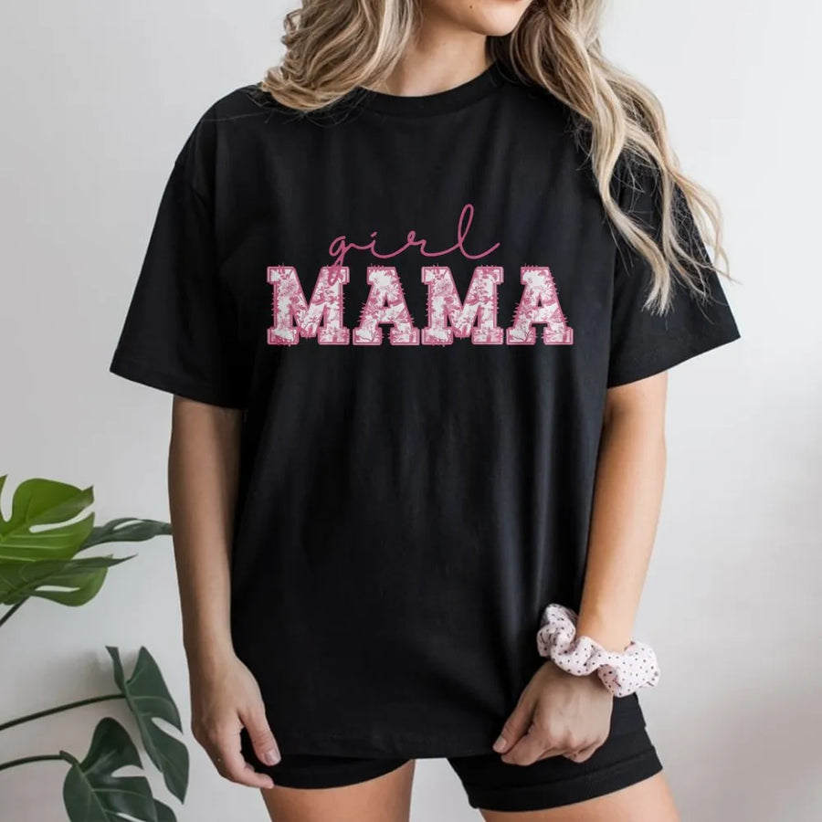 Girl Mama T-Shirt | Floral Toile Lettering Graphic Tee | Premium Cotton Mother's Day 2026 Gift | Cute New Mom Outfit For Daughter’s Birthday
