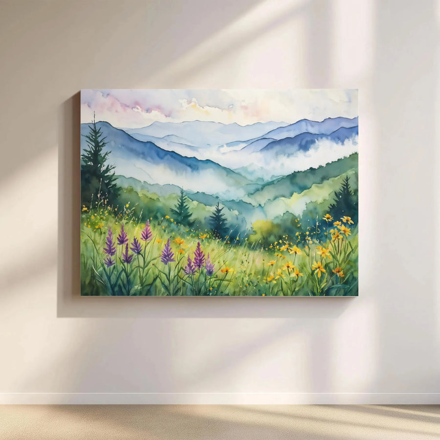 Watercolor Mountain Landscape Canvas | Wildflower Meadow Wall Art | Premium Gallery Wrap Print | Nature-Inspired Home Decor Gift