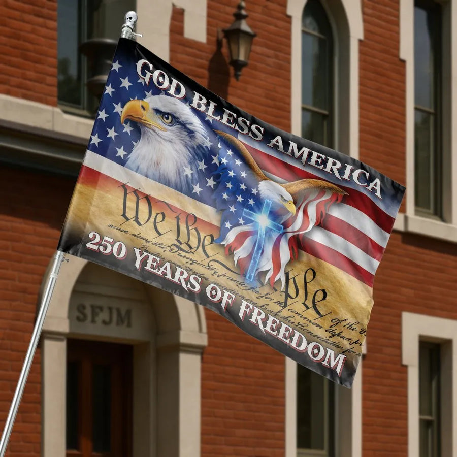 Patriotic American Eagle House Flag | God Bless America with Christian Cross | Weather-Resistant Polyester | 250 Years of Freedom Commemorative Gift
