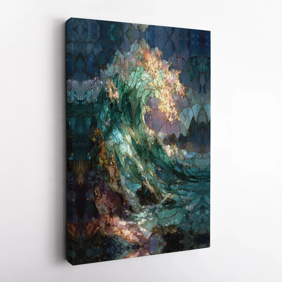 Abstract Ocean Wave Canvas Print | Stained Glass Mosaic Wall Art | Premium Gallery Wrapped Decor | Modern Coastal Home Office Wall Hanging