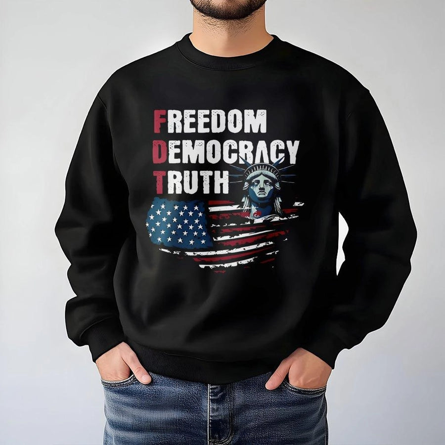 Freedom Democracy Truth Sweatshirt | Patriotic Statue of Liberty American Flag Graphic | Premium Cotton Blend | Unisex Gift for Patriots