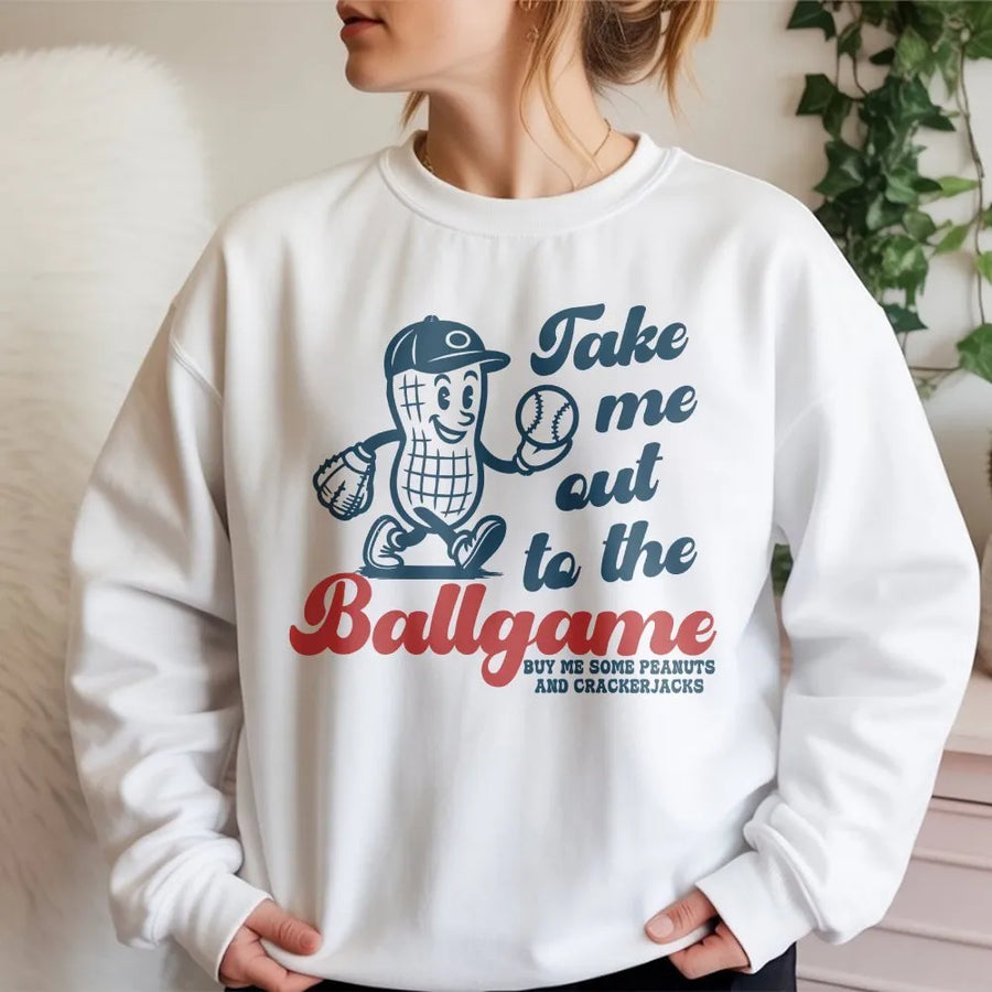 Take Me Out To The Ballgame Sweatshirt | Retro Baseball Cartoon Graphic | Cotton Blend Premium Crewneck | Gift For Baseball Mom & Fan