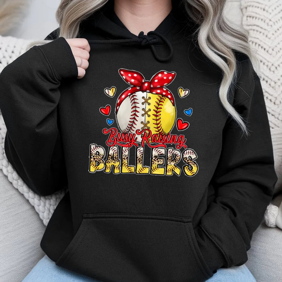 Busy Raising Ballers Hoodie | Softball Baseball Mama Graphic | Premium Cotton Blend | Baseball Mom Game Day Gift