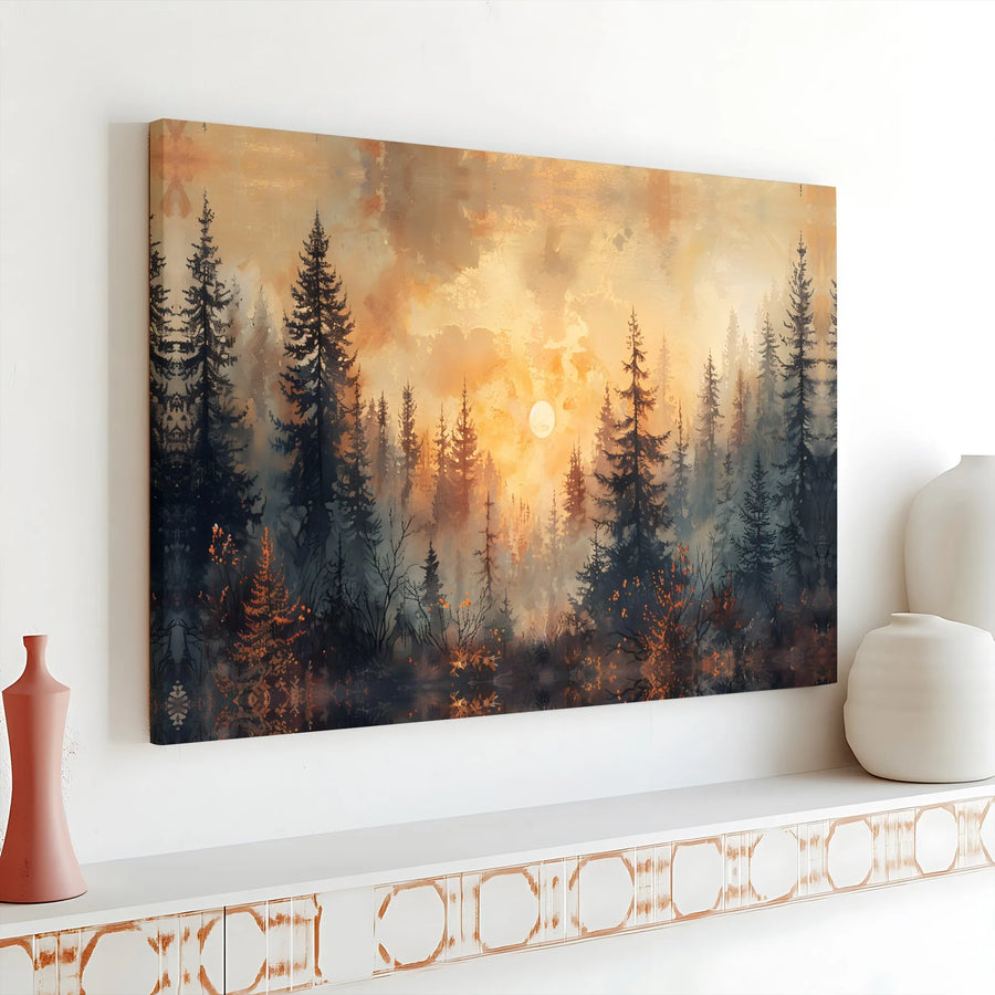 Misty Pine Forest Canvas Art | Golden Sunrise Landscape Print | 1.25 Inch Gallery Wrap Wall Decor | Nature Inspired Living Room Artwork