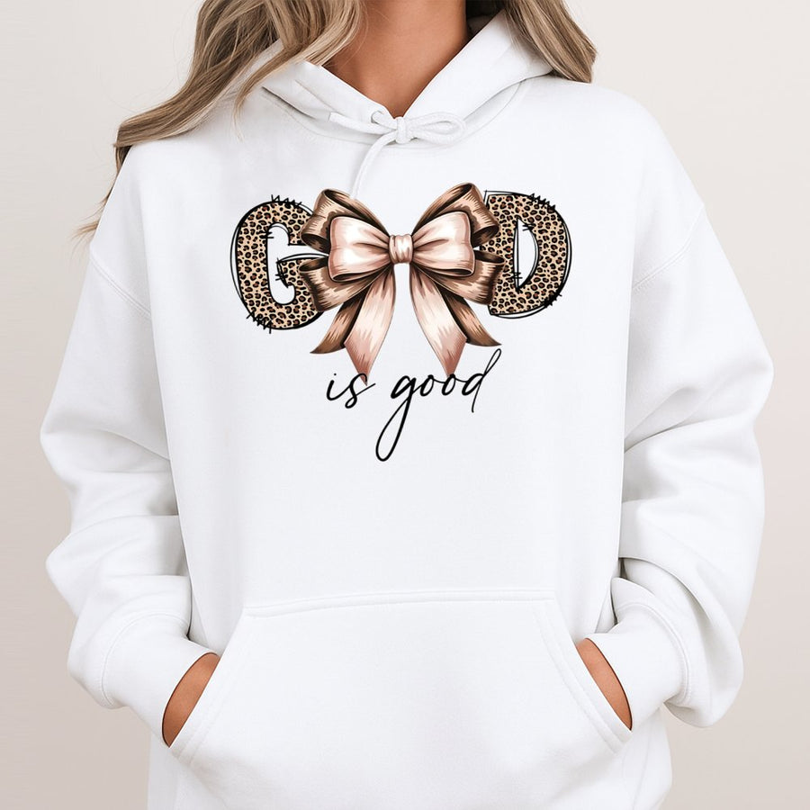 God Is Good Hoodie | Leopard Print Bow Graphic | Premium Cotton Blend | Christian Faith Gift for Women & Men