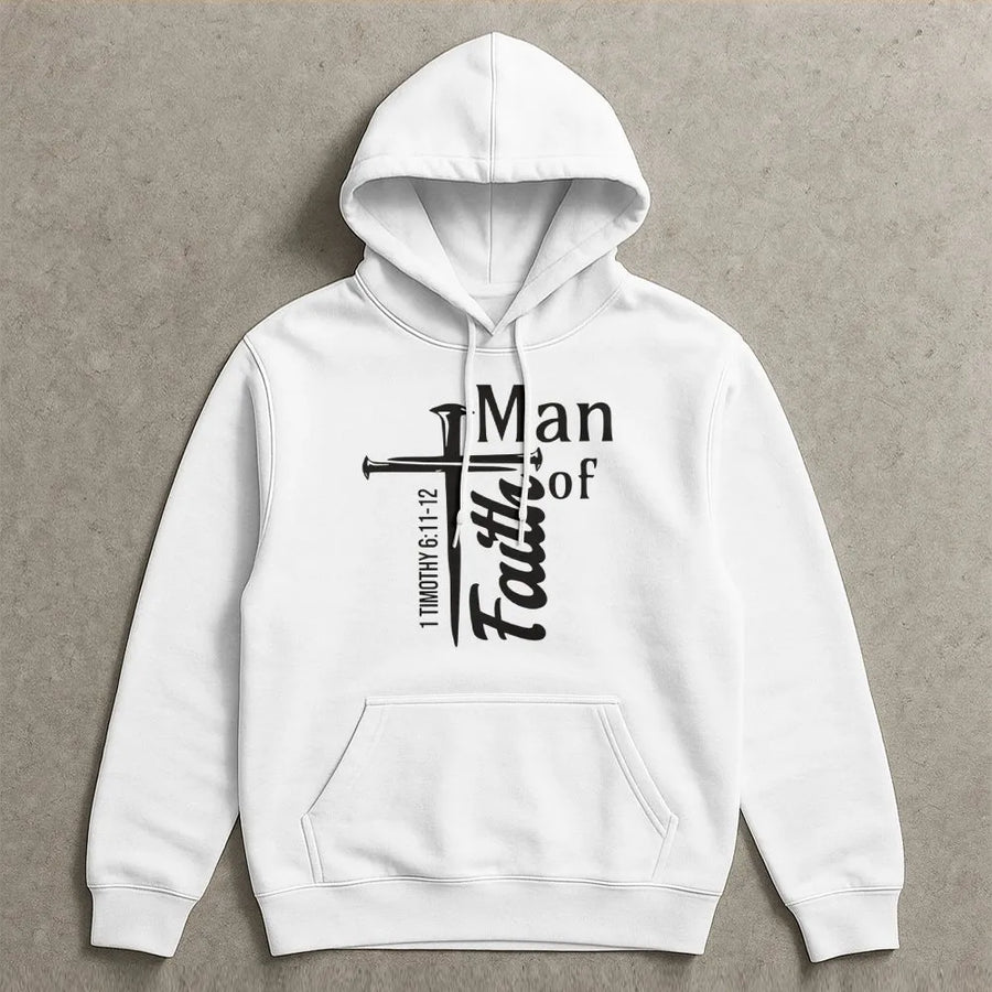 Man of Faith Hoodie | 1 Timothy 6:11-12 Scripture Cross Design | Premium Cotton-Blend Pullover | Religious Gift for Men and Faith-Based Apparel