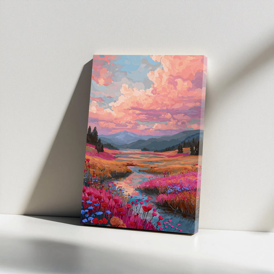 Mountain Landscape Canvas Wall Art | Pink Sunset Wildflower River Print | 1.25" Gallery Wrap | Premium Nature Decor for Home and Office