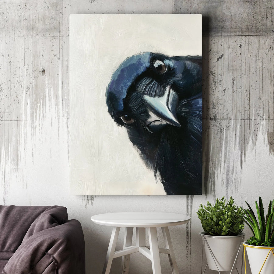 Crow Canvas Wall Art | Modern Painterly Black Bird Portrait | Premium Gallery Wrapped Print | Moody Gothic Decor Gift for Bird Lovers