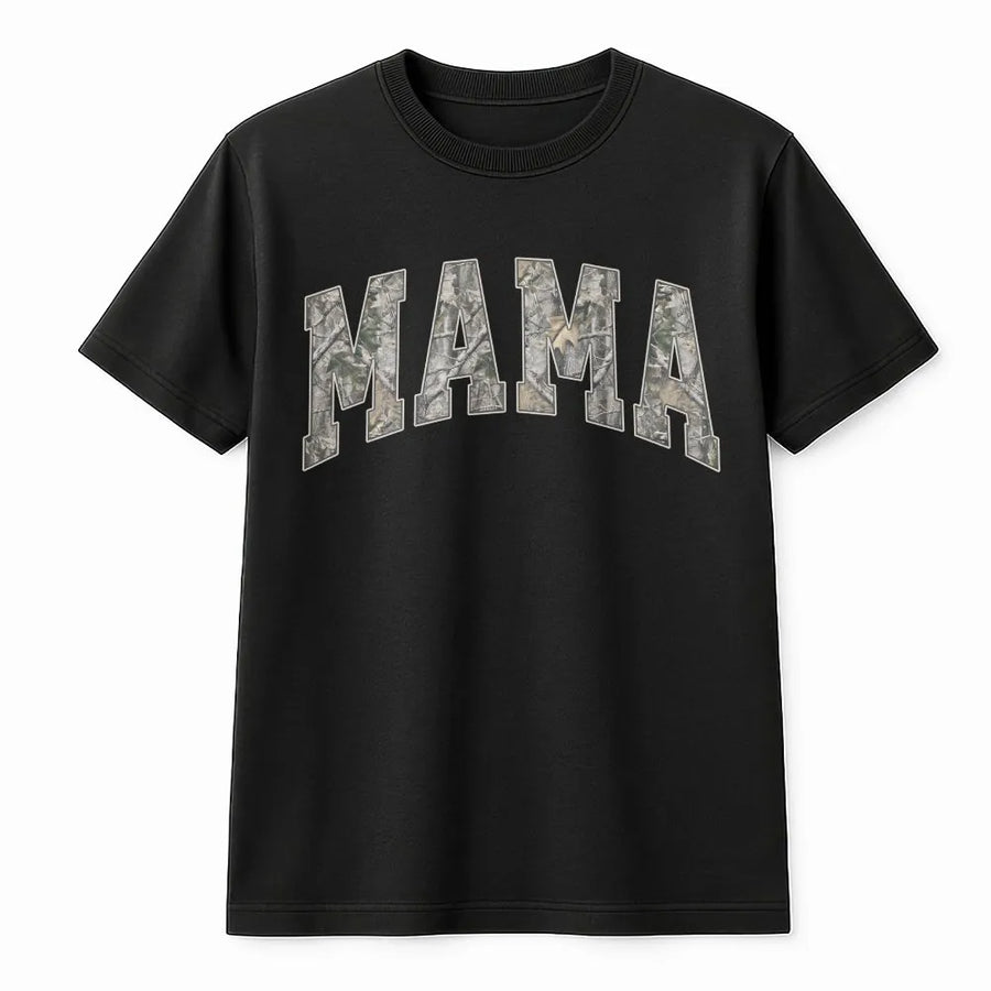 Camo Mama T-Shirt | Hunting Camouflage Varsity Lettering | Premium Soft Cotton Tee | Gift for Outdoorsy Mom, Mother's Day Present