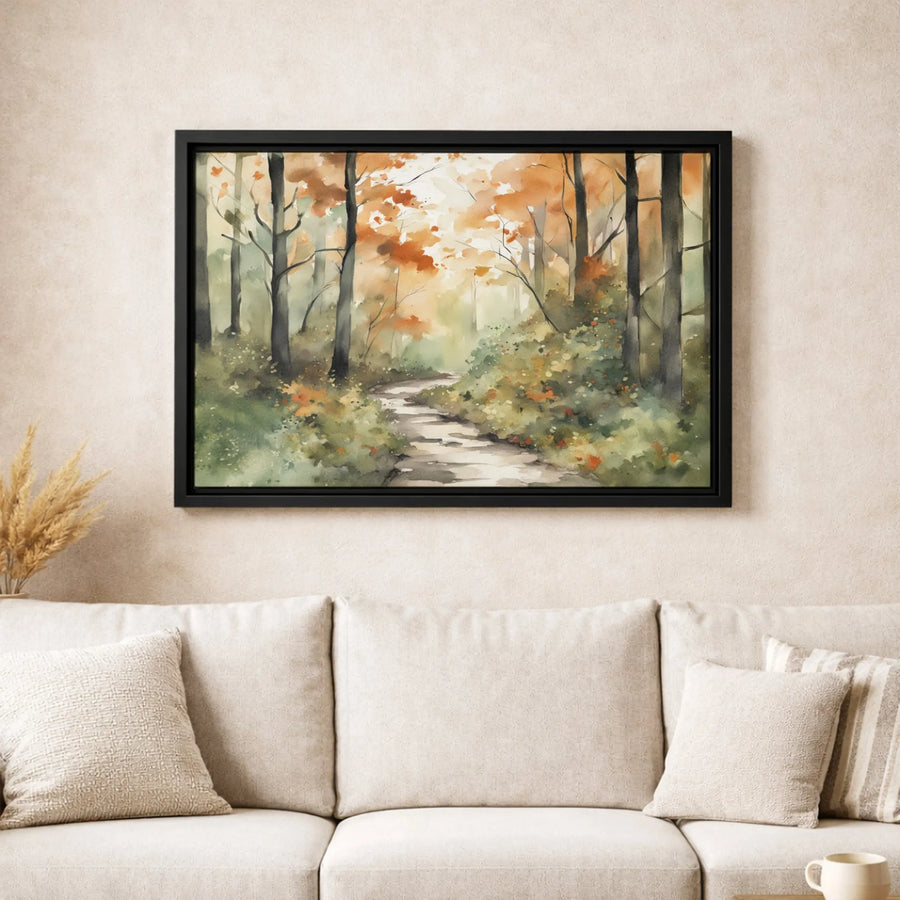 Autumn Forest Path Canvas Print | Watercolor Fall Woodland Landscape | Premium Gallery Wrapped Art | Seasonal Home Decor Gift for Nature Lovers