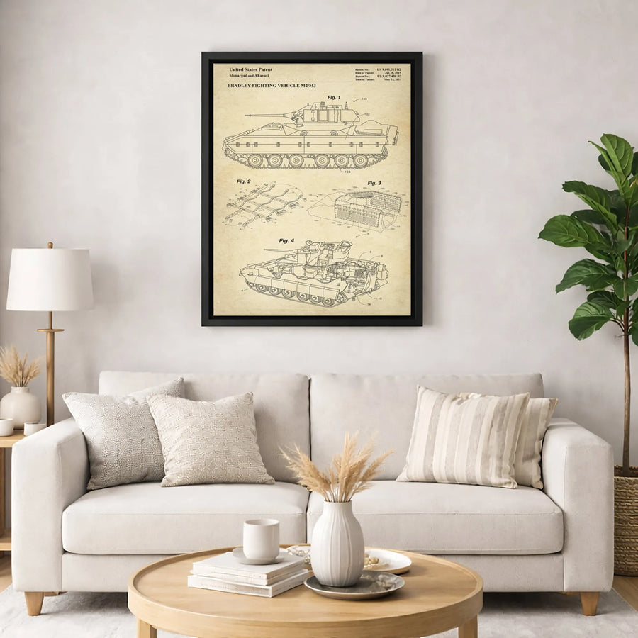 Bradley Fighting Vehicle M2 M3 Patent Art | Vintage Military Technical Drawing | Premium Gallery Wrapped Canvas | Ideal Gift for Army History Buffs