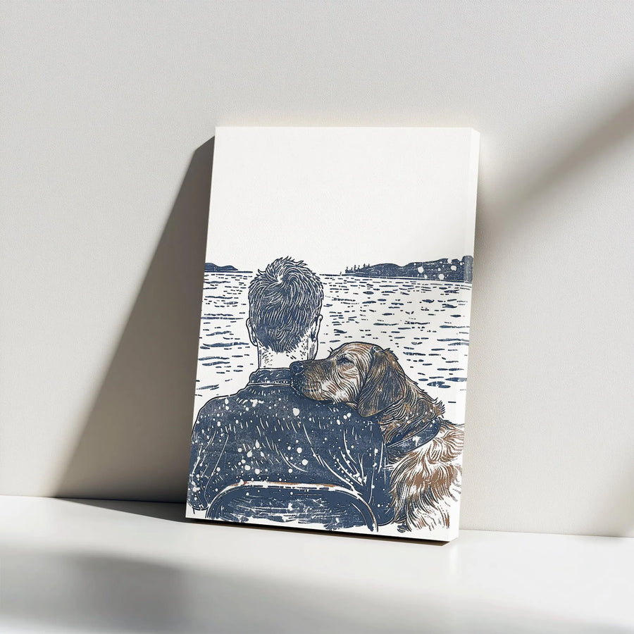 Man and Dog Canvas Wall Art | Lakeside Companion Sketch Print | Premium Gallery Wrapped Canvas | Gift for Dog Dad