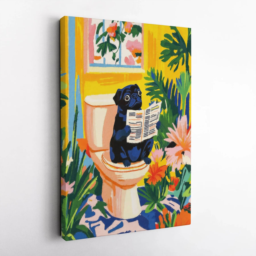 Black Pug Wall Art | Funny Dog Reading Newspaper on Toilet | Gallery Wrapped Canvas Decor | Whimsical Bathroom Gift for Dog Lovers