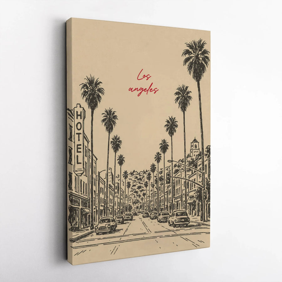 Los Angeles Street Scene Canvas Art | Vintage Palm Tree Sketch | Gallery Wrapped Premium Wall Decor | Travel Cityscape Gift for Home Office