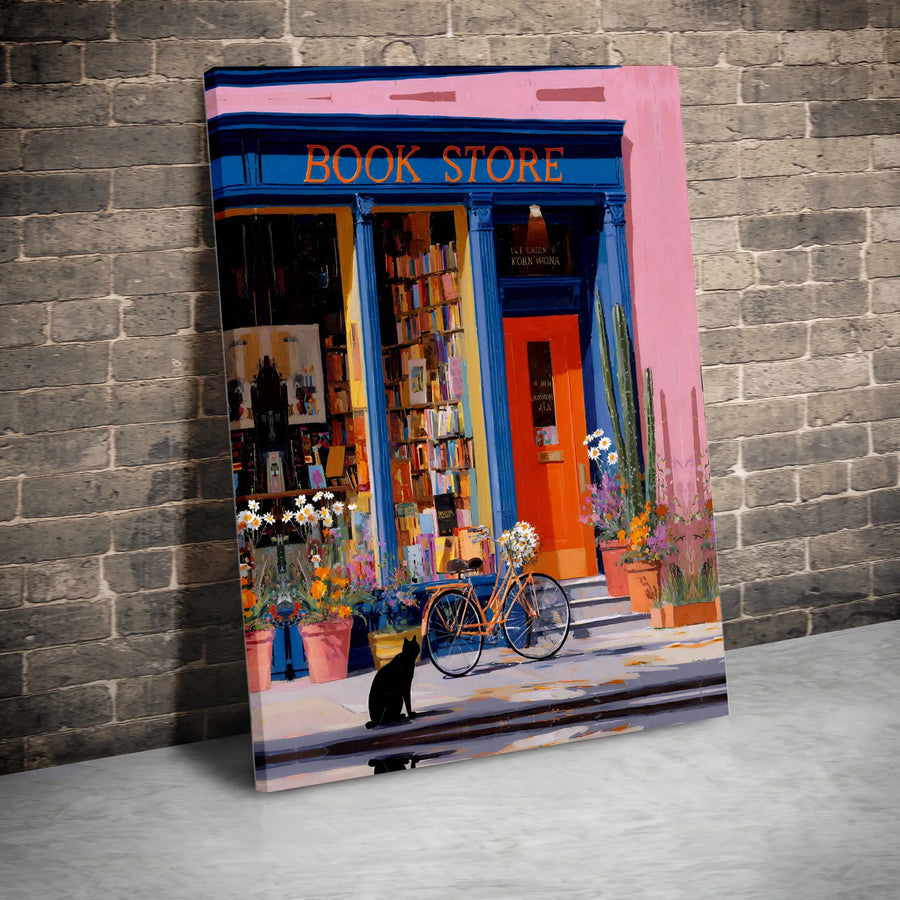 Bookstore Canvas Wall Art | Whimsical Paris Street Scene with Black Cat | Premium Gallery Wrap Print | Gift for Book Lovers & Bibliophiles