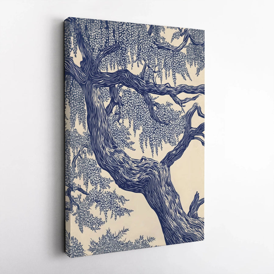 Wisteria Tree Canvas Wall Art | Woodblock Style Floral Print | Premium 1.25-inch Gallery Wrapped Profile | Elegant Home Decor Gift