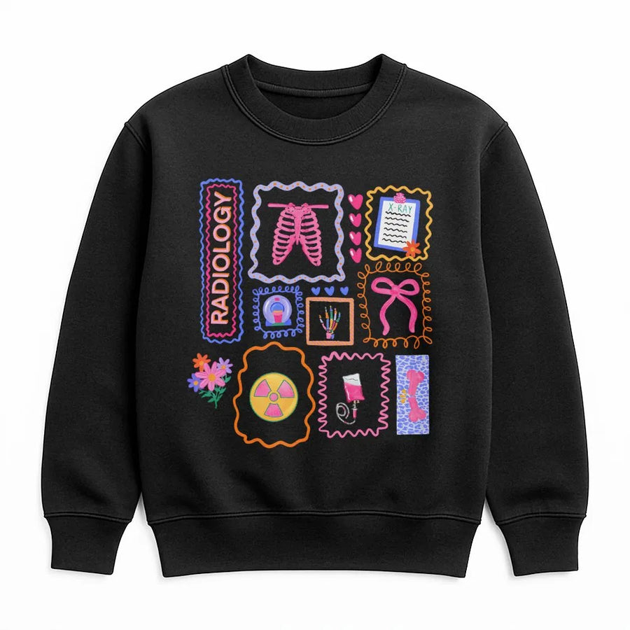Radiology Tech Sweatshirt | Cute Medical Icons Graphic Sweatshirt | Premium Cotton Blend | Gift for Rad Tech, Xray Technician Appreciation