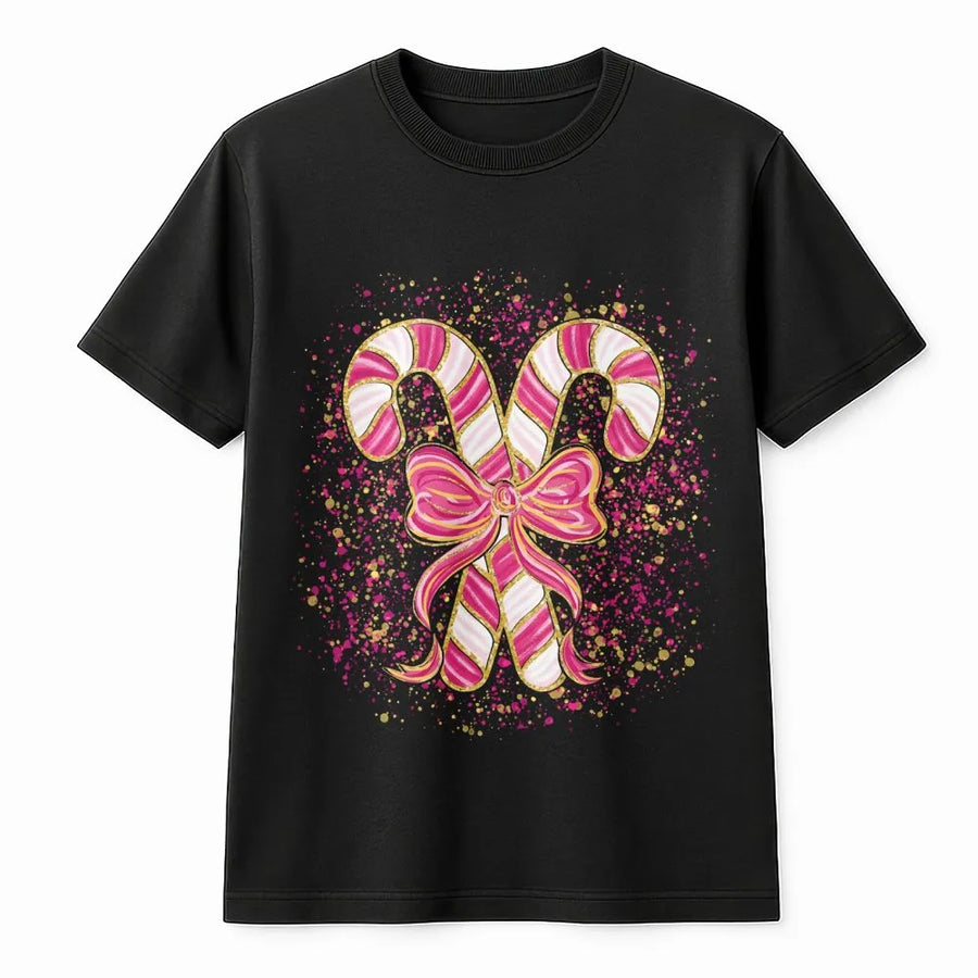 Pink Candy Cane Christmas T-Shirt | Coquette Aesthetic Bow Graphic | Premium Soft Cotton Holiday Tee | Trendy Preppy Xmas Gift for Women