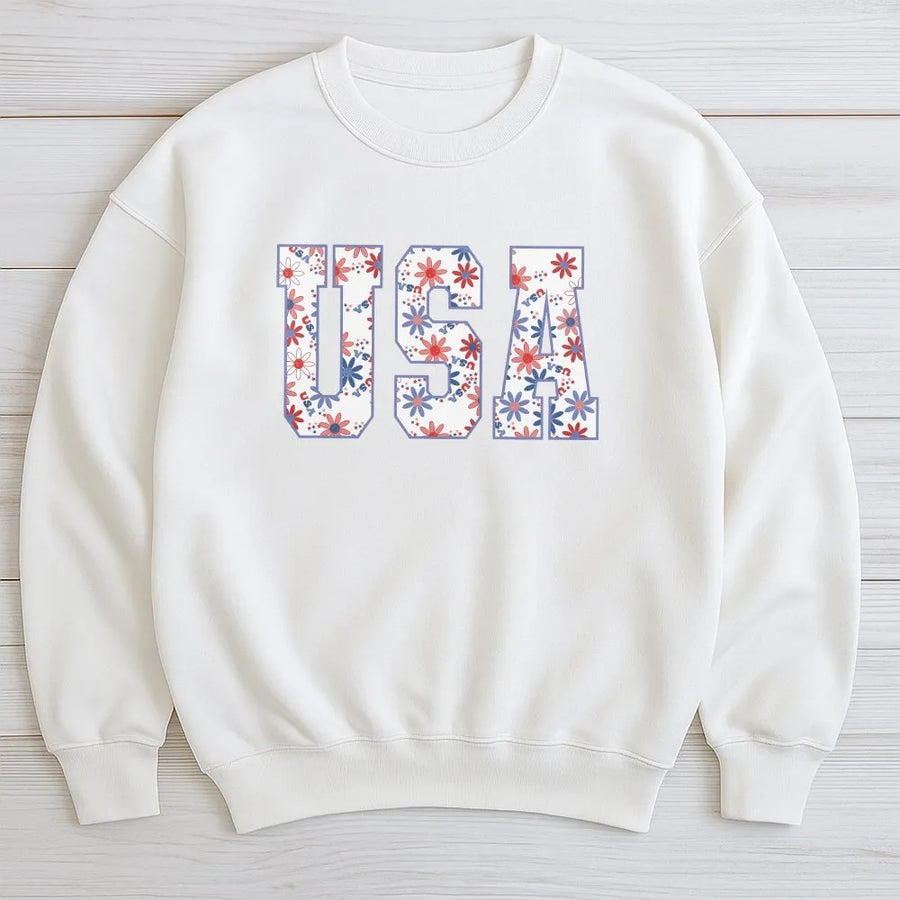 Patriotic USA Sweatshirt | Red White and Blue Floral Print | Soft Unisex Hoodie | 4th of July Independence Day Gift
