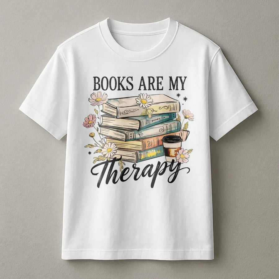Books Are My Therapy T-Shirt | Floral Book Stack Reader Graphic | Premium 100% Cotton Tee | Gift for Book Lovers and Librarians