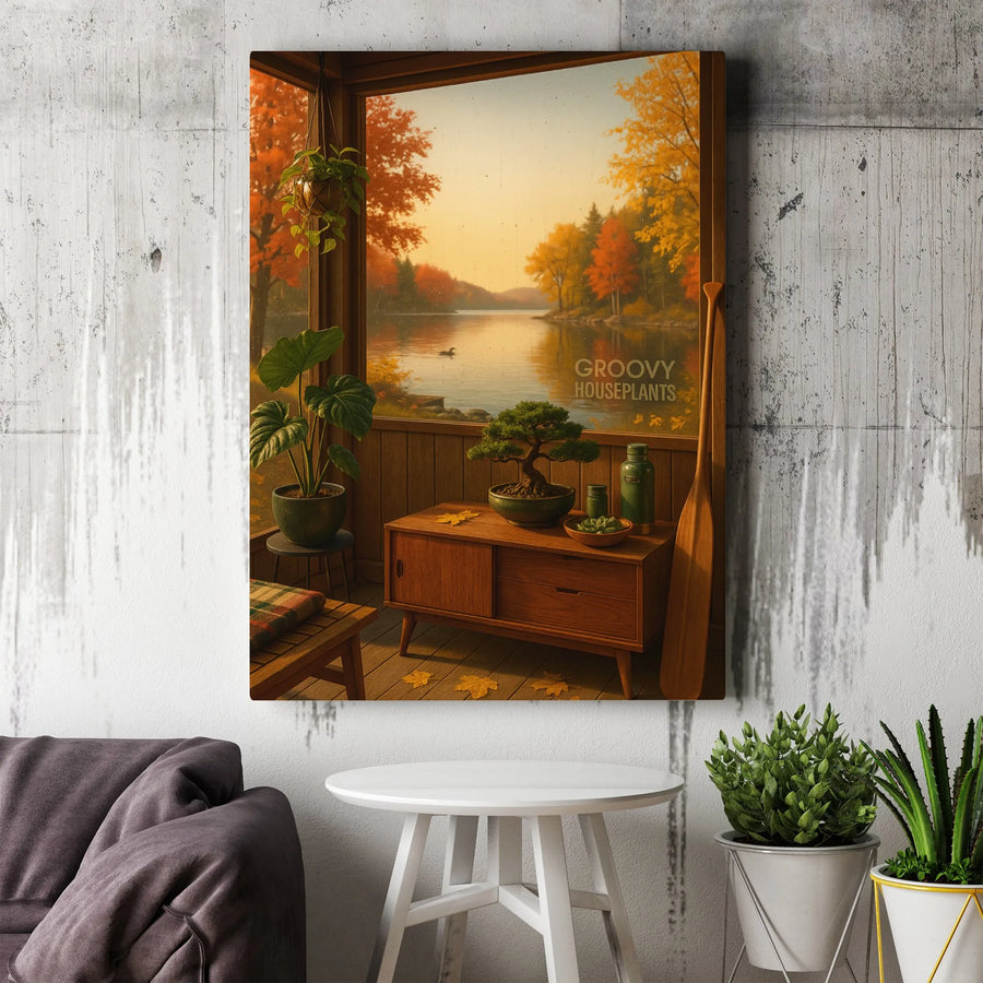 Autumn Lake House Canvas Art | Cozy Bonsai Tree & Houseplant Decor | Premium Gallery Wrap Wall Print | Fall Landscape Gift for Nature Lovers