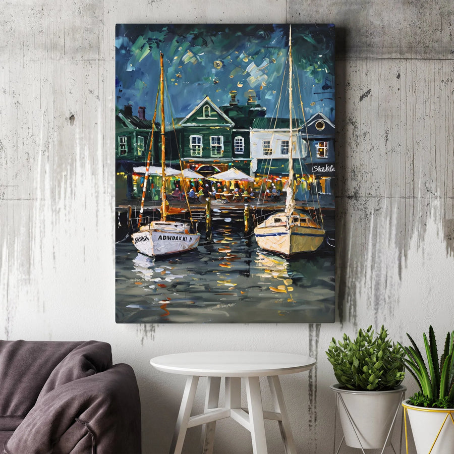 Sailboat Harbor Wall Art | Impressionist Night Scene Oil Painting Style | 1.25" Gallery Wrapped Canvas | Coastal Home Decor Gift for Art Lovers