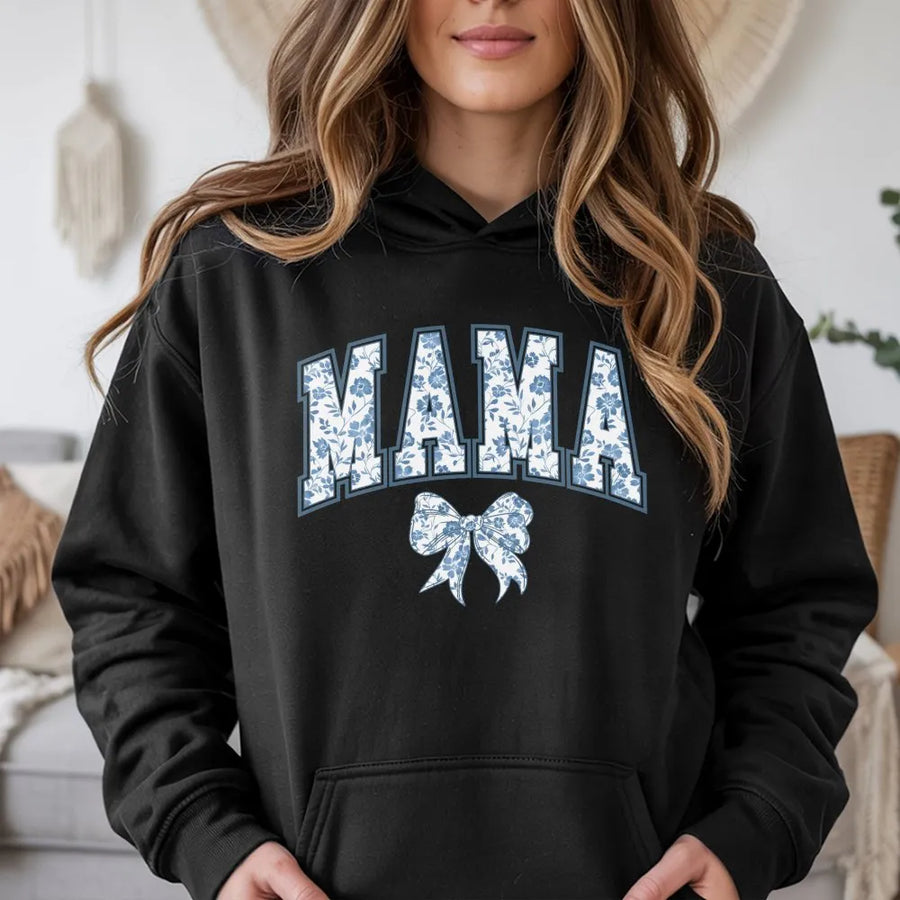 Overstimulated Moms Club Hoodie | Blue Floral Varsity Mama Design | Cozy Cotton Pullover | Funny Mother's Day Gift for New Mom
