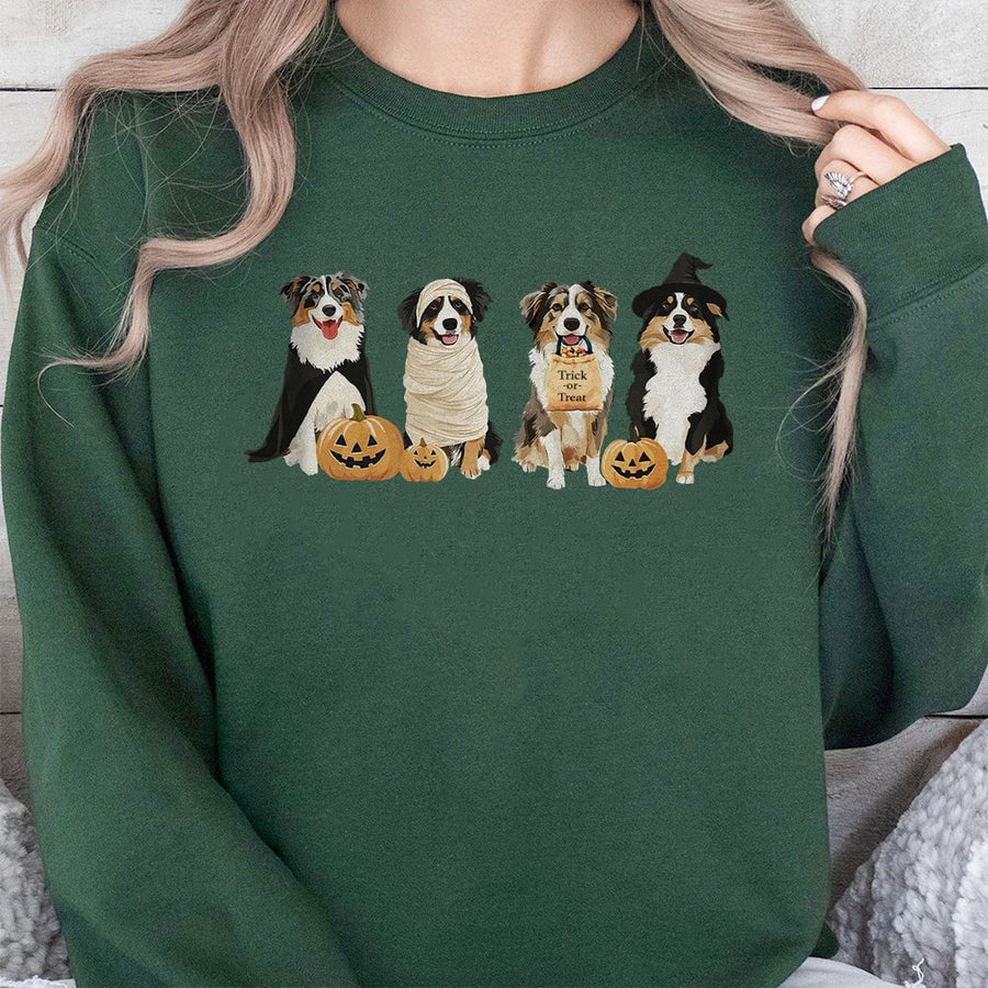 Australian Shepherd Halloween Sweatshirt | Cute Aussie Dog Costumes Print | Premium Cotton Blend Crewneck | Spooky Dog Lover Gift For Women & Men