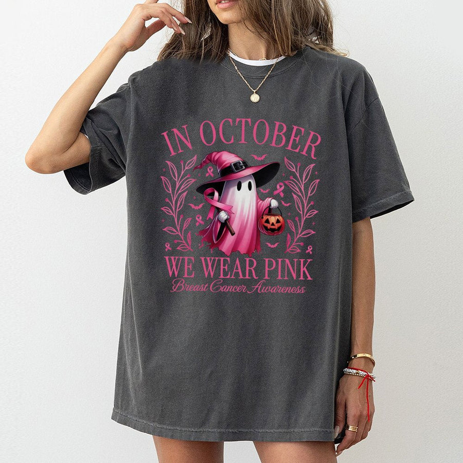 Breast Cancer Awareness T-Shirt | Pink Ghost Halloween Graphic | 100% Cotton Premium Tee | Supportive Gift for Survivors & Supporters