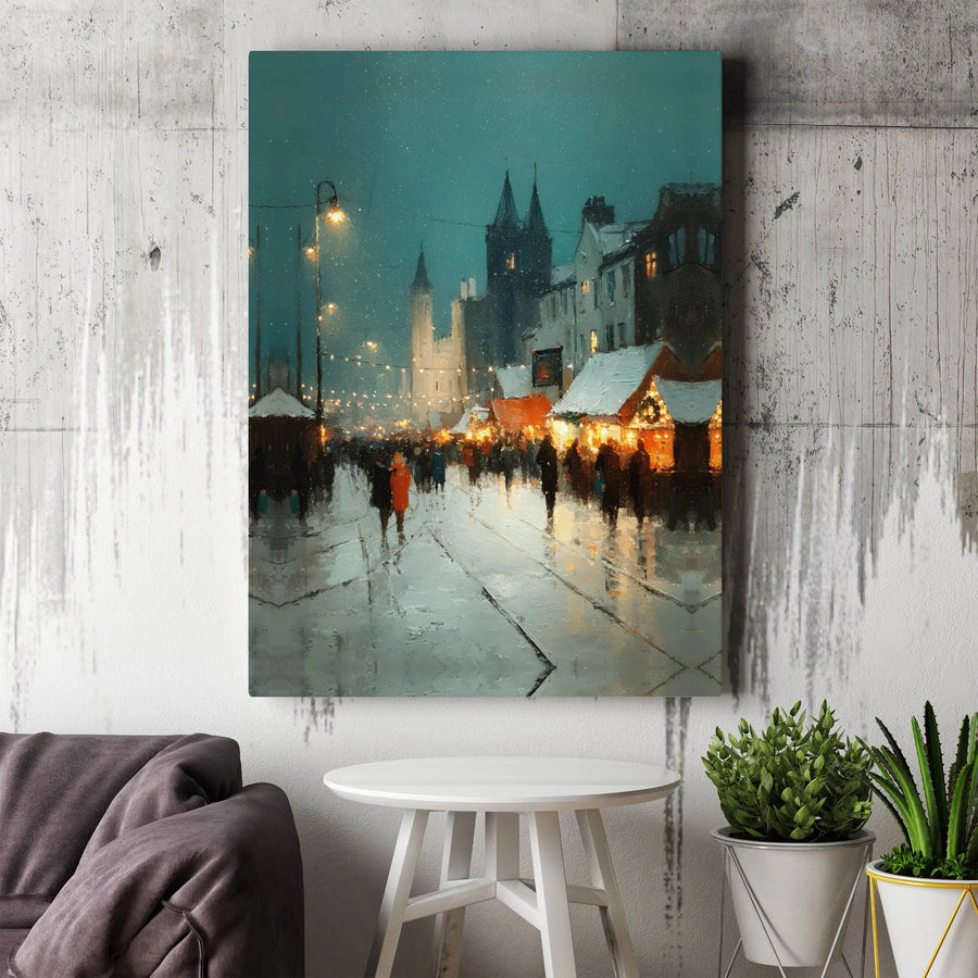 Snowy Christmas Market Canvas Wall Art | Impressionist Winter Street Scene | Premium Gallery Wrap Print | Festive Holiday Home Decor